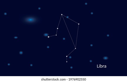 Libra constellation. Starry sky. Dark blue space background. Bright shining stars. Zodiac constellations. Zodiac sign. Vector illustration.