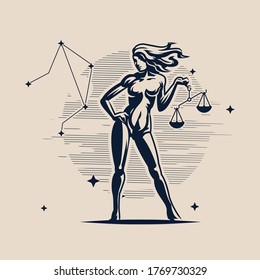 Libra. The constellation Libra. A woman is holding a scales. White background. Vector illustration.