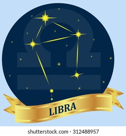 Libra. Constellation and zodiac sign in the blue circle. Gold ribbon. Vector Image.