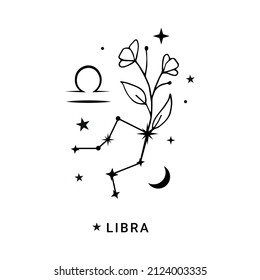 Libra constellation zodiac sign with flower, moon and stars