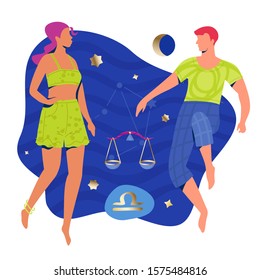 Libra couple zodiac and horoscope concept. Modern vector art with young couple. Illustration for horoscope and astrology apps, dating websites, astrology predictions.