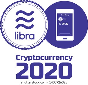 Libra cryptocurrency blockchain in blue coin transfer and pay digital. Libra is a new digital currency launch in 2020. Vector illustration