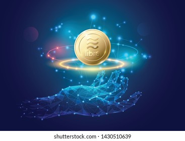 Libra cryptocurrency with blockchain floating on the digital hand. Abstract background. Digital technology concept