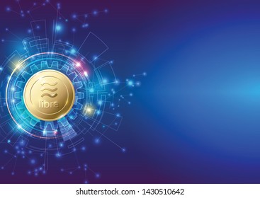 Libra cryptocurrency with blockchain floating on circle tech. Abstract blue background. Digital technology concept