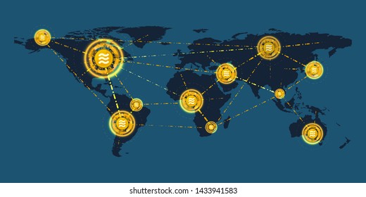 Libra cryptocurrency coin : Global coin abstract  concept. Blockchain technology. World map background with copy space. Vector Illustration