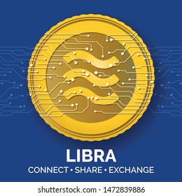 The Libra cryptocurrency coin, money trading the digital technology blockchain, gold medal on a blue background with a pattern and circuit board components. Vector illustration.