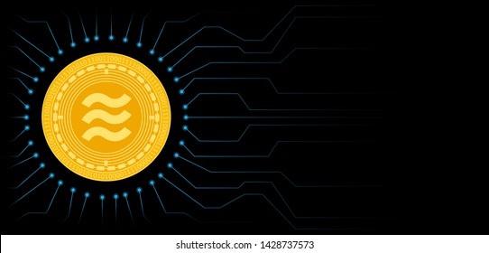 Libra cryptocurrency coin symbol. Blockchain technology. Gold Libra coin on black circuit board background. Vector illustration