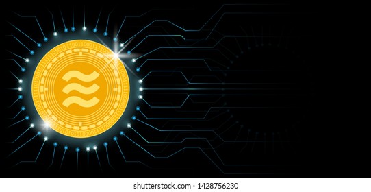 Libra cryptocurrency coin symbol. Blockchain technology. Gold Libra coin on black circuit board background. Vector illustration