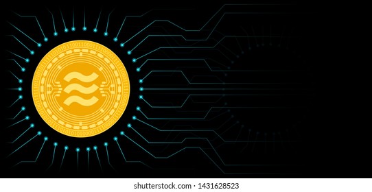 Libra cryptocurrency coin symbol. Blockchain technology. Gold Libra coin on green circuit black board background. Vector illustration