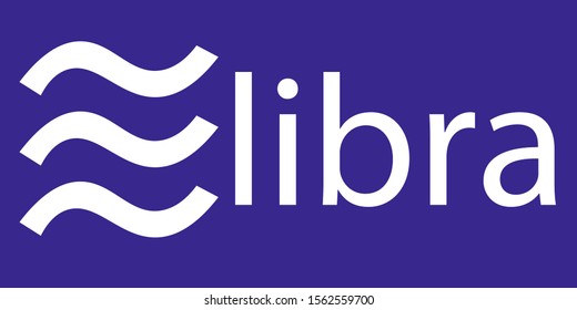 Libra cryptocurrency white logo with text isolated on purple background.