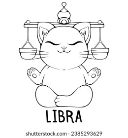Libra cute cartoon astrology sign of the zodiac cat. Character in kawaii style. Vector illustrations in hand drawn sketch style isolated on white. Black outline graphic. Funny cat horoscope