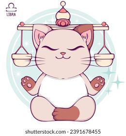 Libra cute cartoon astrology sign of the zodiac cat. Pet character in kawaii style. Vector illustrations in hand drawn flat style on round background. Funny cat horoscope