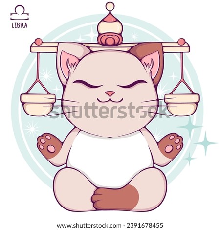 Libra cute cartoon astrology sign of the zodiac cat. Pet character in kawaii style. Vector illustrations in hand drawn flat style on round background. Funny cat horoscope
