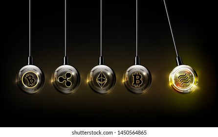 Libra digital currency, bitcoin, ethereum, ripple , bitcoin cash logo in form of Newton cradle, fintech world finance concept, vector illustration