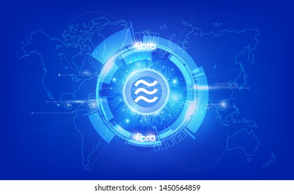 Libra digital currency, futuristic digital money on blue background, technology worldwide network concept, vector illustration