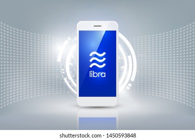 Libra digital currency on smartphone, futuristic digital money, technology worldwide network concept, vector illustration