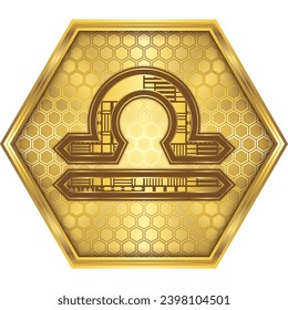 Libra, Futuristic Cybernetic Circuit Board Zodiac Astrological Symbol Icon Button Design Golden Hexagon, White Background, Horoscope, Fortune-Telling