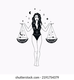 Libra Girl Zodiac Sign Design, Esoteric Abstract Logo, Mystic Spiritual Symbols, Icons. Astrology, Moon and Stars, Magic Esoteric Art.