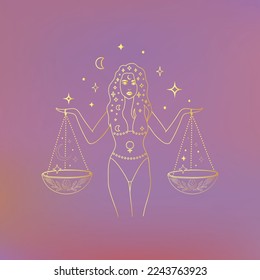 Diseño de Signos Libra Girl Zodiac, Logo Resumen Esotérico, Símbolos Espirituales Místicos, Iconos. Astrología, Luna y Estrellas, Arte Esotérico Mágico. Opción de color dorado.