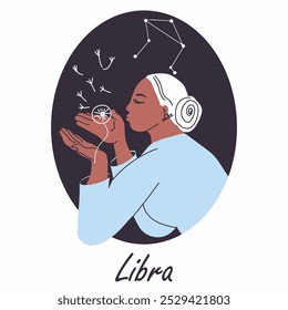 Garota de Libra, signo do zodíaco. Mulher, horóscopo avatar, retrato, personagem astrologia em estilo de moda moderna, com dente de leão. Astrologia, personalidade feminina. Ilustração de vetor plana, desenhada à mão.