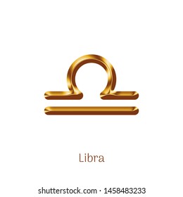 Libra golden zodiac sign isolated on white background. Star sign for astrology horoscope. Luxury zodiac stylized symbol. Realistic gold design of horoscope constellation sign vector illustration