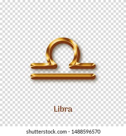 Libra golden zodiac sign with shadow isolated on transparent background. Luxury star sign for astrology horoscope prediction. Realistic gold design of horoscope constellation vector illustration