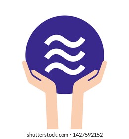 Libra growth concept of cryptocurrency technology, exchange, mobile banking. Surging to record high. Hands raise the coin. Crypto currency, virtual electronic, internet money. 