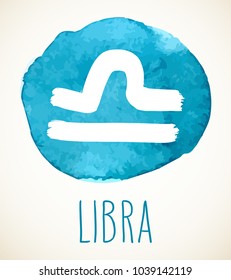 Libra hand drawn Zodiac sign illustration over light blue watercolor circle. Vector graphic astrology symbol design element isolated over white.