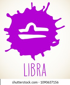 Libra hand drawn Zodiac sign illustration over purple paint splatter blot. Vector graphic astrology symbol design element isolated over white.