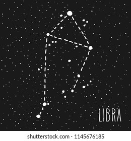 Libra hand drawn Zodiac sign constellation in white over black starry night sky. Vector graphics astrology illustration. Western horoscope mystic symbol.
