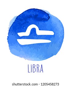 Libra hand drawn zodiac sign. Astrology design element. Vector graphic illustration in blue watercolor circle isolated over white.