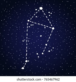 Libra hand drawn Zodiac sign constellation in white over dark blue starry night sky. Vector graphics astrology illustration. Western horoscope mystic symbol.