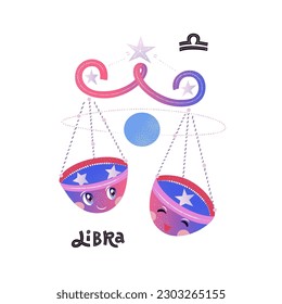 Libra horoscope character with zodiac sign and handlettering. Cute vector illustration EPS 10.