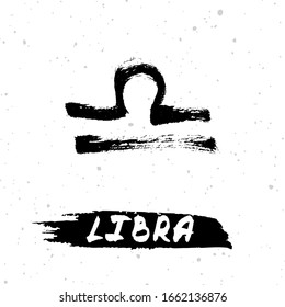 Libra horoscope sign, symbol, zodiac sign. Hand drawn vector illustration on starry sky background with "Libra" lettering on brush stroke. Hand drawing design ink illustration. 