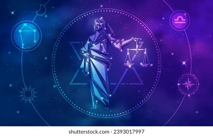 Cartel del horóscopo de Libra en doce zodiac con fondo de estrellas de galaxia, gráfico de diosa de justicia de polos baja con elemento astrológico futurista