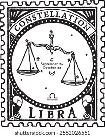 Libra horoscope sign vectorized hand draw, POSTAGE STAMP