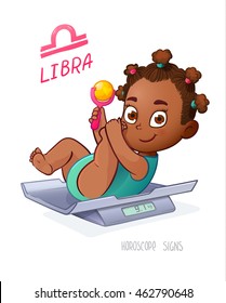 LIBRA Horoscope Sign. LIBRA Zodiac Sign. African American Baby Girl lies on the scales and playing rattle. 
