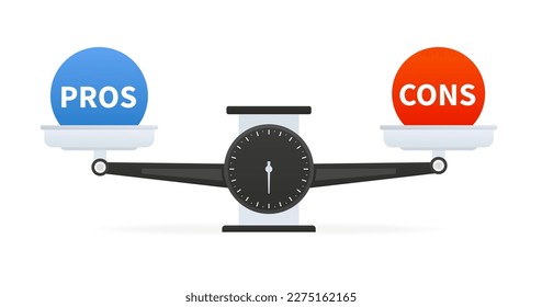 Libra icon. Pros cons in flat style. Flat icon. Check mark icon. The bowls of the scales are in balance, the imbalance of the scales. Bowls of scales in balance. Vector illustration