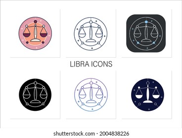 Libra icons set.Seventh fire sign in zodiac. Scales birth symbol. Mystic horoscope sign. Astrological science concept.Collection of icons in linear, filled, color styles.Isolated vector illustrations