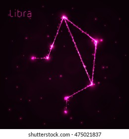 Libra Illustration Icon, Lights Silhouette on Dark Background. Glowing Lines and Points