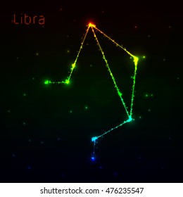 Libra Illustration Icon, Lights Silhouette on Dark Background. Glowing Lines and Points