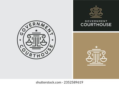 Libra Justice Scales with Greek Pillar Column Building for Court Courthouse Lawyer Attorney Government Judicial Law Office Label Stamp Emblem Badge Logo Design