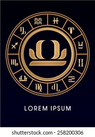 Libra ,Luxury 12 Zodiac wheel cycle sign, designed using gold line color on dark blue background, logo, symbol, icon, graphic, vector.