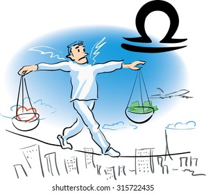 Libra man balancing on a rope. Hand drawn artwork.  Zodiac symbol. 
Vector illustration.
.