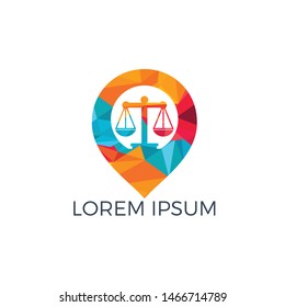 Libra and map pointer logo design. Unique law and pin logotype design template.