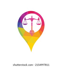 Libra and map pointer logo design. Unique law and pin logotype design template.