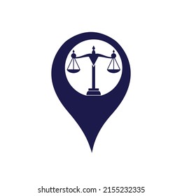 Libra and map pointer logo design. Unique law and pin logotype design template.