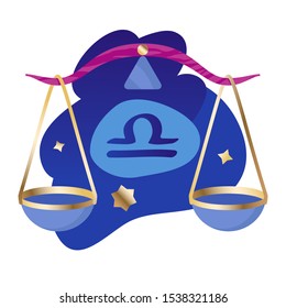 Libra modern zodiac icon with flat scales, golden stars isolated on white background.