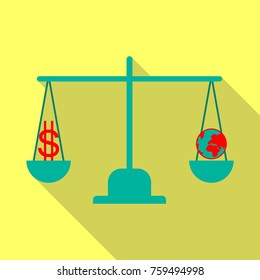 libra with money and planet icon with shadow in flat style