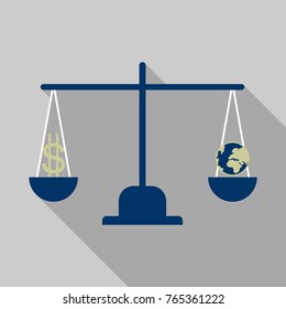 libra with money and planet icon with shadow in flat style